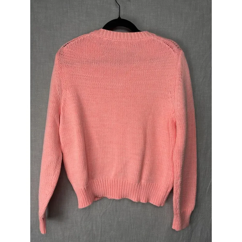 WHITE + WARREN womens size M open knit Neon coral cotton Blend sweater